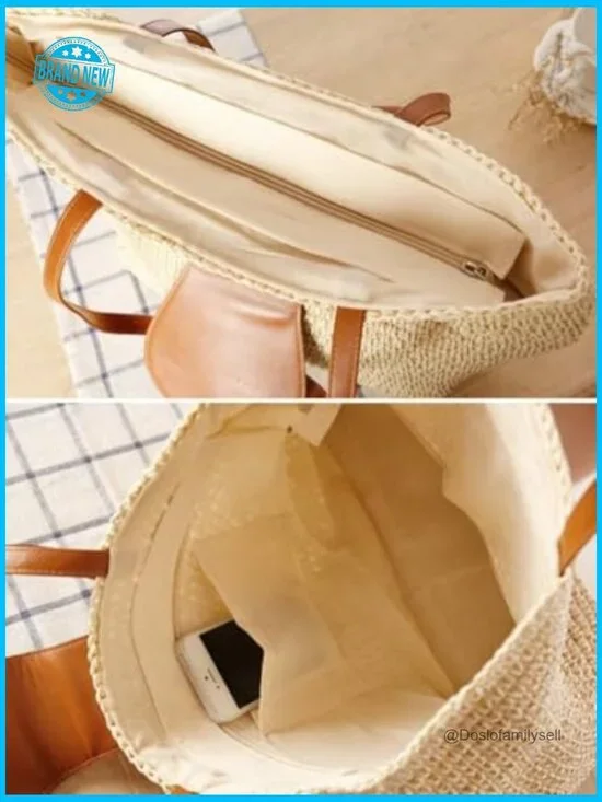 Woven Straw Tote Bag Large Beach Shoulder Purse Boho Minimal Chic Summer - Picture 2 of 7